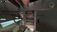 a video game screen shows a warning sign on a door