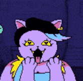 a pixel art drawing of a cat with its tongue hanging out in front of a sign that says bratty catty