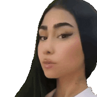 a close up of a woman 's face with long black hair and a white shirt