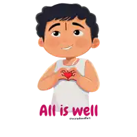 a cartoon drawing of a boy making a heart with his hands and the words all is well below him