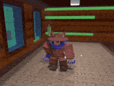 a video game character is standing in a room with lots of windows