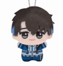a stuffed toy of a boy with blue hair and a blue shirt .