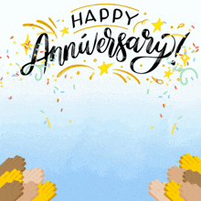 a happy anniversary greeting card with a cartoon character on a pedestal