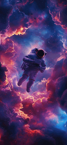 a painting of an astronaut floating through the clouds