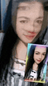 a woman 's face is shown with a picture of her in the background