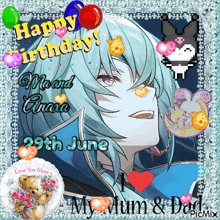 a picture of a girl with blue hair and the words happy birthday