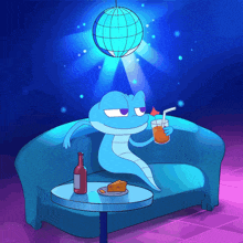 a cartoon character sitting on a couch drinking a drink