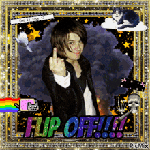a picture of a man giving the middle finger with the words flip off written below him