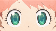 a close up of a girl 's eyes with green and white irises