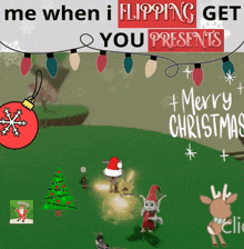 a christmas card that says merry christmas with a christmas tree and reindeer