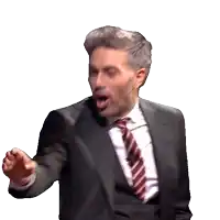 a man in a suit and tie is pointing his finger
