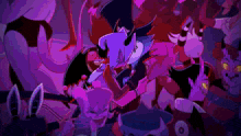 a group of cartoon characters are standing in a dark room and one of them is kissing another .