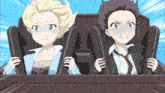 two anime characters are riding a roller coaster and one of them is looking scared
