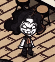 a cartoon character with long black hair is standing on a brick floor