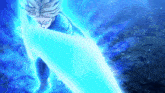a person is holding a blue sword in their hand and a blue light is coming out of their hand .
