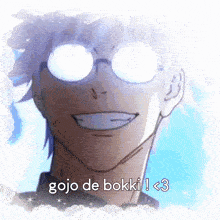 a close up of a person 's face with glasses and the words gojo de bokki ! < 3 written on it .