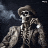 a skeleton in a suit smoking a cigarette