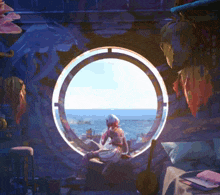 a painting of a person looking out of a round window with the words " i love you " on their shirt