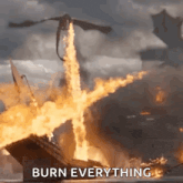 a dragon is flying over a burning ship with the words burn everything written below it .