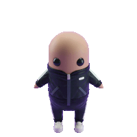 a cartoon character wearing a black jacket and pants has a small head