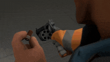 a man in a hard hat is pointing a gun
