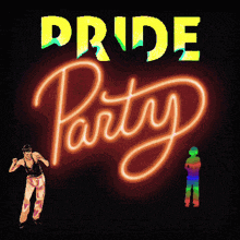 a neon sign that says pride party with a man dancing