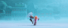a fox and a monkey running in the snow