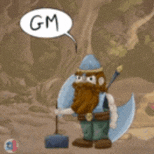 a cartoon of a man with a beard holding an axe and a mop with a gm speech bubble