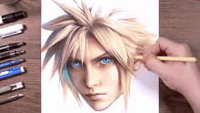 a person is drawing a cloud strife with a yellow pencil