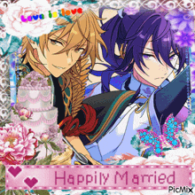 a couple of anime characters with the words happily married on the bottom