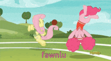 a cartoon of fluttershy and pinkie pie with the word fawnlu on the bottom right