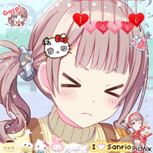 a girl with a hello kitty headband and hearts on her head says gasp