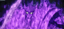a close up of a purple demon with glowing eyes and a purple background .