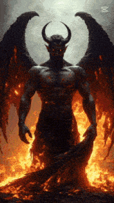 a demon with horns and wings stands in a fire
