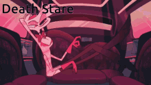 a cartoon of a person in a car with the words death stare written above them