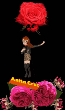 a cartoon of a girl holding a large red rose with the name anita cruz on the bottom