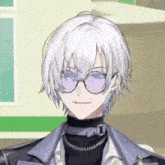 a man with white hair and purple glasses smiles for the camera