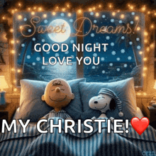 a picture of snoopy and charlie brown laying in bed with the words good night love you