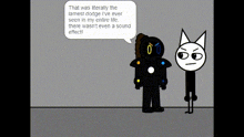 two cartoon characters are standing next to each other and one of them is talking about a dodge .