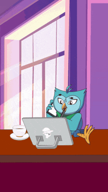 a cartoon owl is sitting at a table with a laptop