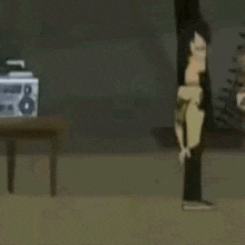a cartoon character is dancing in front of a boombox in a room .