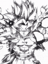 a black and white drawing of a man with a lot of hair