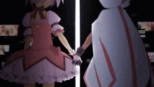 a girl in a pink dress is holding the hand of another girl in a white cape