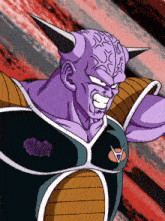 a purple cartoon character with horns is smiling and has the letter a on his chest