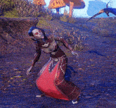 a woman in a red dress is standing in a field with a bird flying in the background