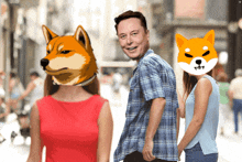 a man in a plaid shirt with a dog on his head stands next to a woman in a red dress