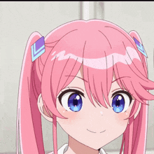 a close up of a girl with pink hair