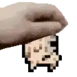 a pixel art of a hand holding a piece of food