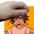 a cartoon girl with a hat on her head is being touched by a hand .