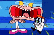 a cartoon character with a big mouth is standing next to another character